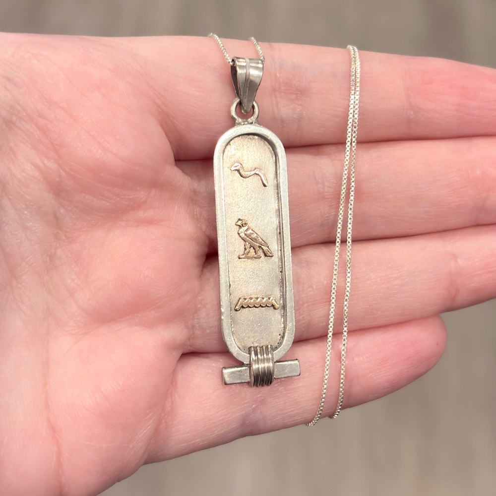 Vintage Sterling 14K Egyptian Cartouche Necklace Double Sided Hieroglyphics - Picture 6 of 16